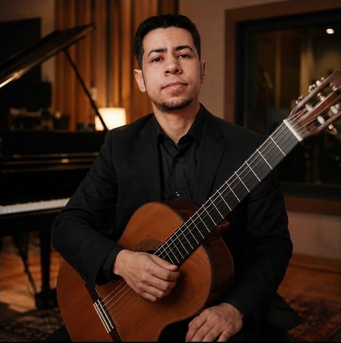 Yannis Koser in the studio with classical guitar and piano
